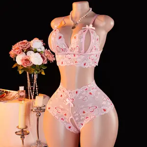 AESKEIA Women's Flirty Heart Lace Lingerie Set - Adjustable Straps, Stretchy Nylon-Spandex Fit, Backless, Crotchless, Elegant Cute Panties for Lady's Date Night Treat