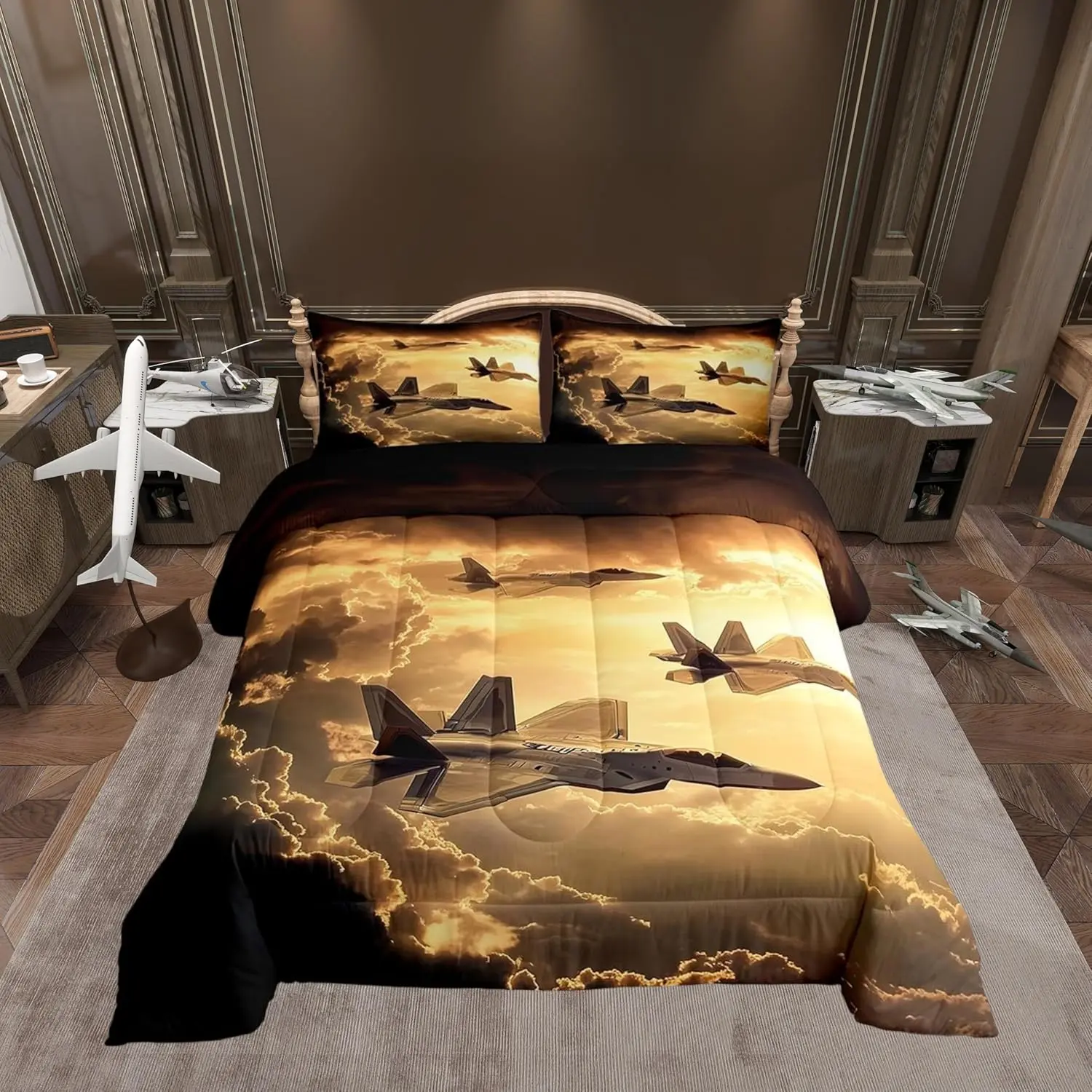 Army Aircraft Bedding Set Modern Flying Airplane Comforter 3D Fighter Plane Down Comforter Sunset Landscape Duvet Insert