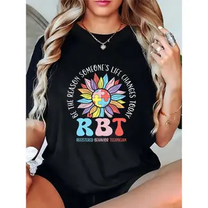 Women's RBT Registered Behavior Technician Sunflower Puzzle T-Shirt, Be The Reason Someone's Life Changes Today Casual Work Tee 100% Cotton T-shirt
