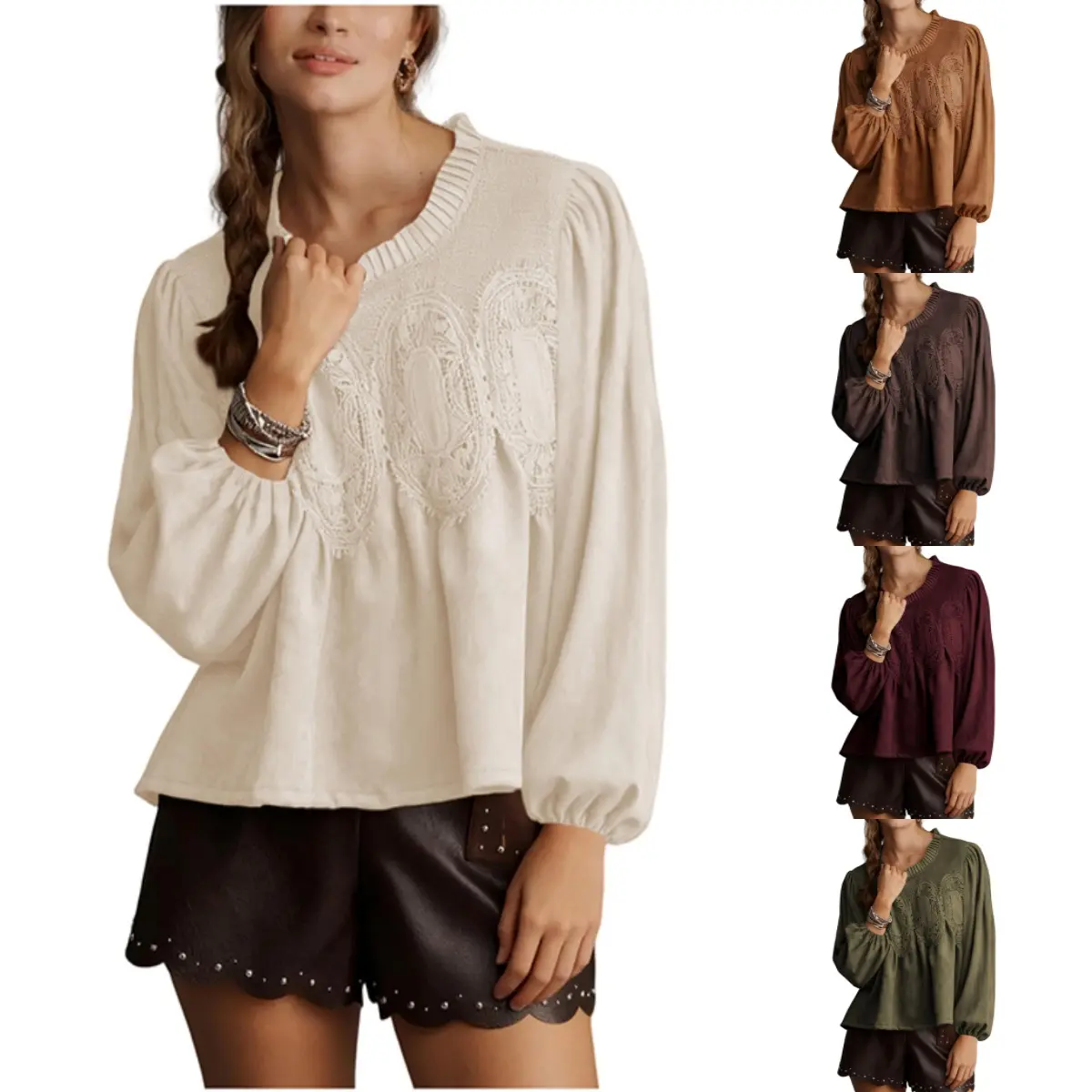 Naeduo Women's Faux Suede Lace Poplin Mesh Peplum Babydoll Tops Long Puff Sleeves Crew Neck Flared Swing Blouse Shirts Spring Elegant Fitted Casual Basic springfresh