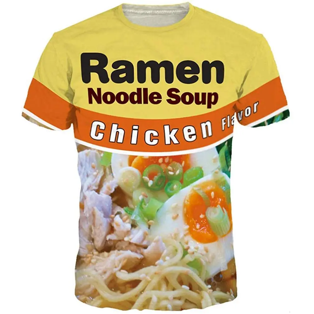 Women's Casual Ramen Print T-Shirt in Vivid Colors, a Breathable Shortsleeve Top with a Relaxed Cut and Round Neck.