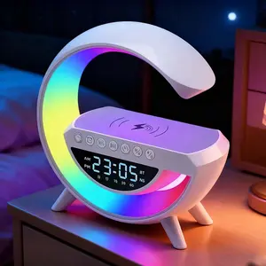 LED Atmosphere Lamp Big G Type Charging Ambient Lamp white Speaker 15W Wireless Charger Smart Light Bedside Night Smart Light with Alarm Clock for Bedroom Home Decoration