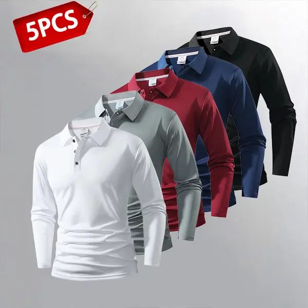 Men’s lightweight long-sleeve polo shirt set of 5 — available in multiple colors; suitable for everyday wear, casual wear, and work wear (white).