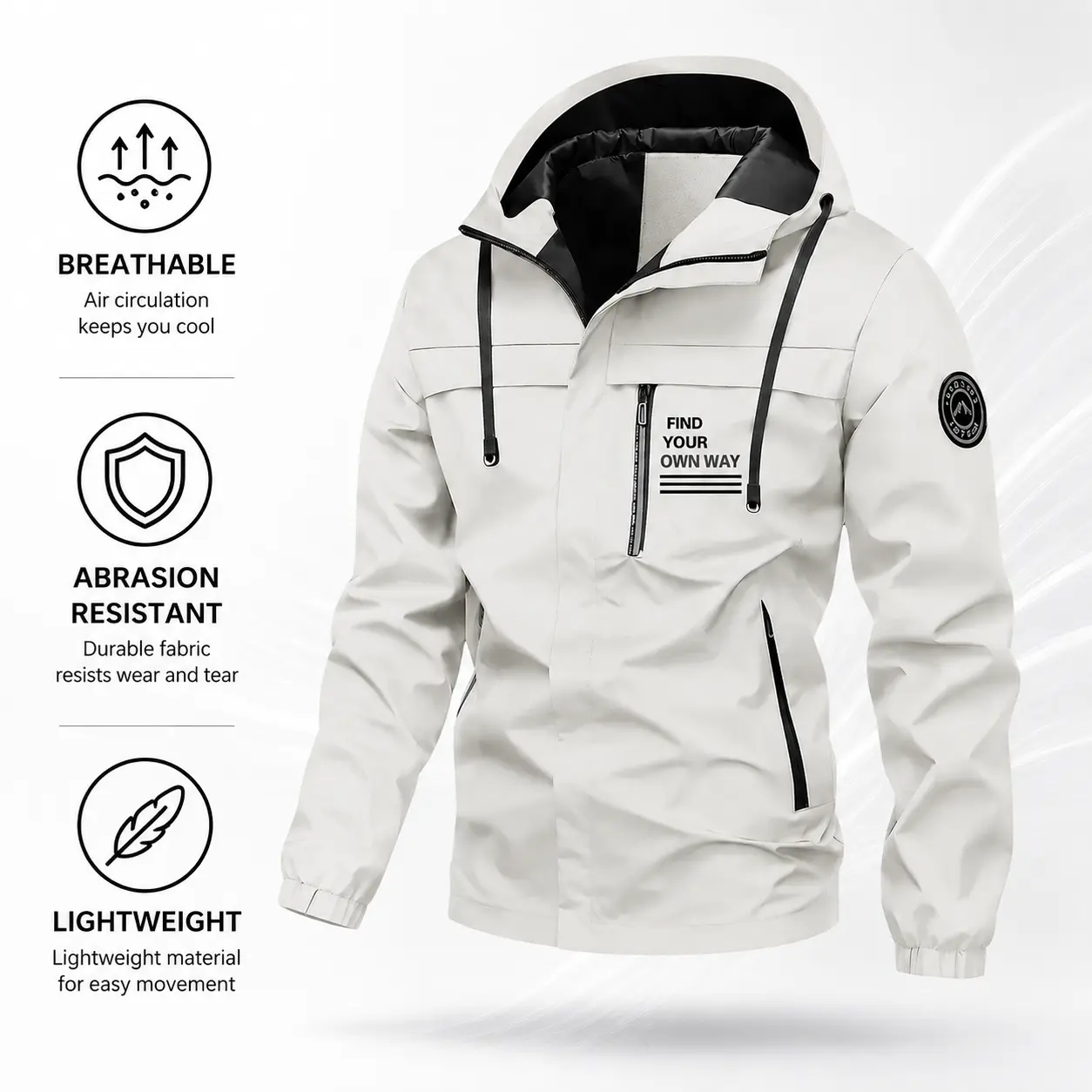 Men's Lightweight Hooded Technical Jacket - Fleece-Lined, Windproof Hood, Water-Repellent Polyester, Breathable Insulated Workwear with Zip, Adjustable Strap, Patch Pocket for Outdoor Cycling, Camping