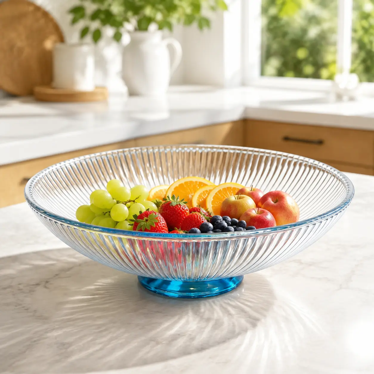 Large Clear Ribbed Glass Serving Bowl with Blue Pedestal Base, 9.6-Inch Fruit, Salad and Snack Bowl for Kitchen Table Decor