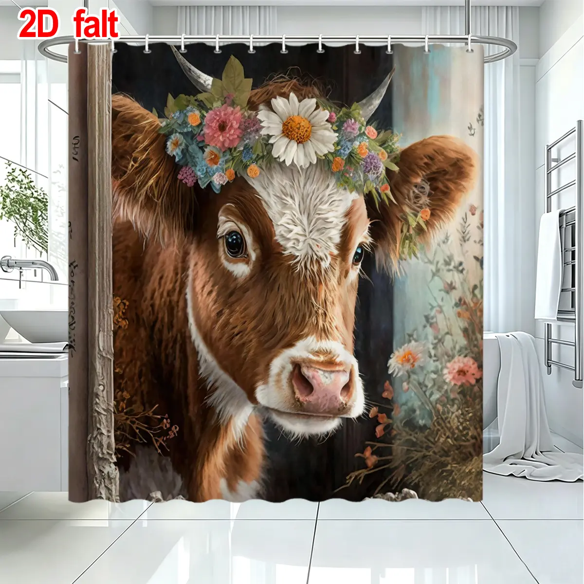2D Flat 1PC Garland Calf Pattern Shower Curtain, Polyester Shower Curtain With 12 Hooks, Room Decor, Bathroom Accessories Set, Bathroom Decoration 71X71 Inch, Perfect Gift For Family And Friends