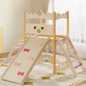 Gaomon Wooden Durable 6-in-1 Multifunction Montessori Indoor Jungle Gym Climbing Set - Reinforced Base, Slide, Climbing Rock, Climbing Net, Ladder, Rest Area, Circle Labyrinth - Toddler Indoor Playground (Weight Load Included)