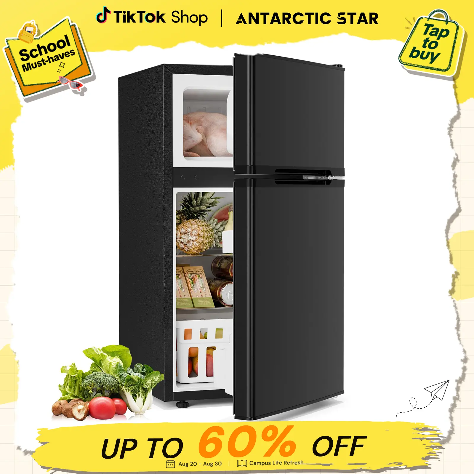 【BackToSchool】Antarctic Star 3.2 Cu.Ft. Mini Refrigerator with Freezer, Double Door Compact Fridge with Adjustable Removable Shelves, for Dorm/Apartment/Office/Basement tiktokshopbacktoschool,back to school,back to school haul