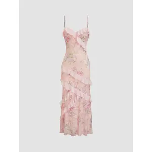 Cider [2 colors, size 0-10] Lace V-neck Floral Ruffle Maxi Dress