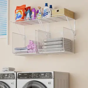 2 Pack Laundry Room Shelves Organization And Storage,Wall Mounted Clothes Drying Rack With Wire Mesh Basket Over Washer And Dryer,Large Capacity Floating Wall Shelf For Bathroom,Kitchen,Storeroom