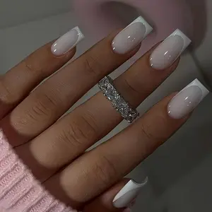 24pcs New European Style Press-On Nails, Simple Nude Glossy French Tips Nail Stickers, Medium Long Square Shape, Medium Length, Easy to Apply, Lasting, Durable Wear, High-End Look, Nail Tips