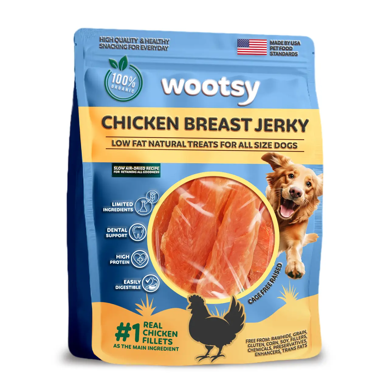 Wootsy Chicken Jerky Dog Treats - Rawhide Free - Dental Health Support Dog Chews - Grain Free, Low-Calorie, High-Protein - For Small, Medium, Large Do