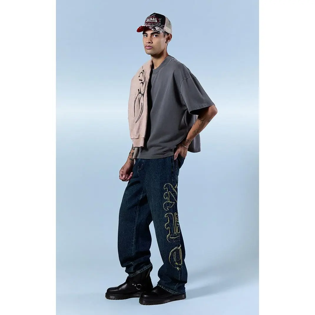 Pacsun Men's Dylan Baggy Jeans Frayed NYC Applique Dark Blue