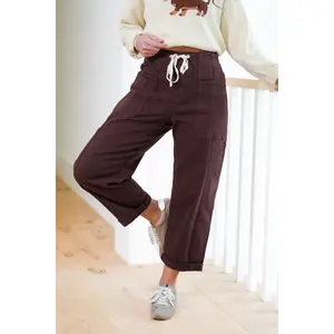 Risen High Rise Brown Wide Leg Barrel Cargo Jeans with Cuff