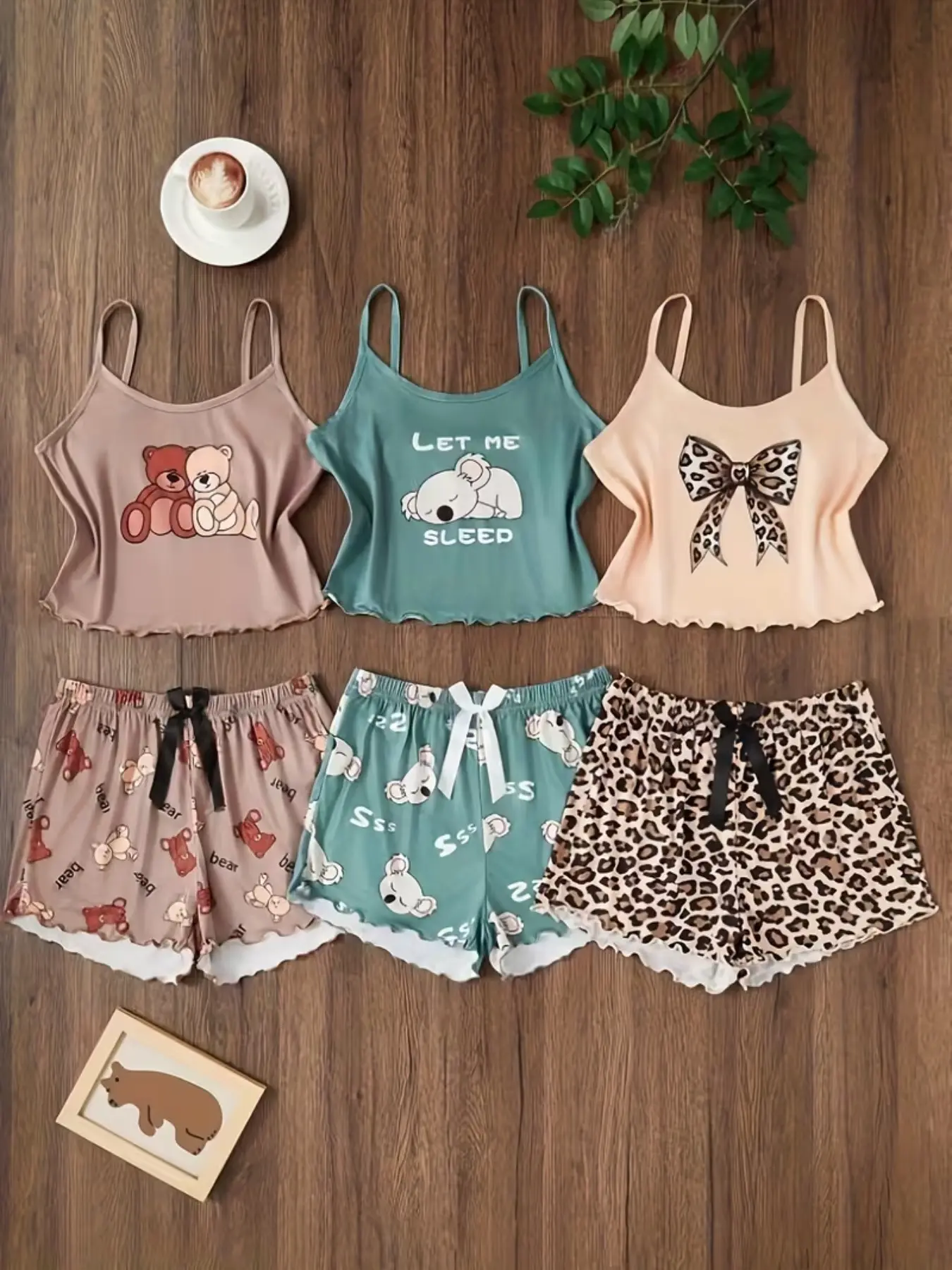 Women's 6-Piece Cute Cartoon Bear Sleepwear Loungewear Pajama Set, Leopard Print Bow Tie Spaghetti Strap Tank Top & Ruffle Shorts, Comfortable Nightwear, Fashionable Daily Wear