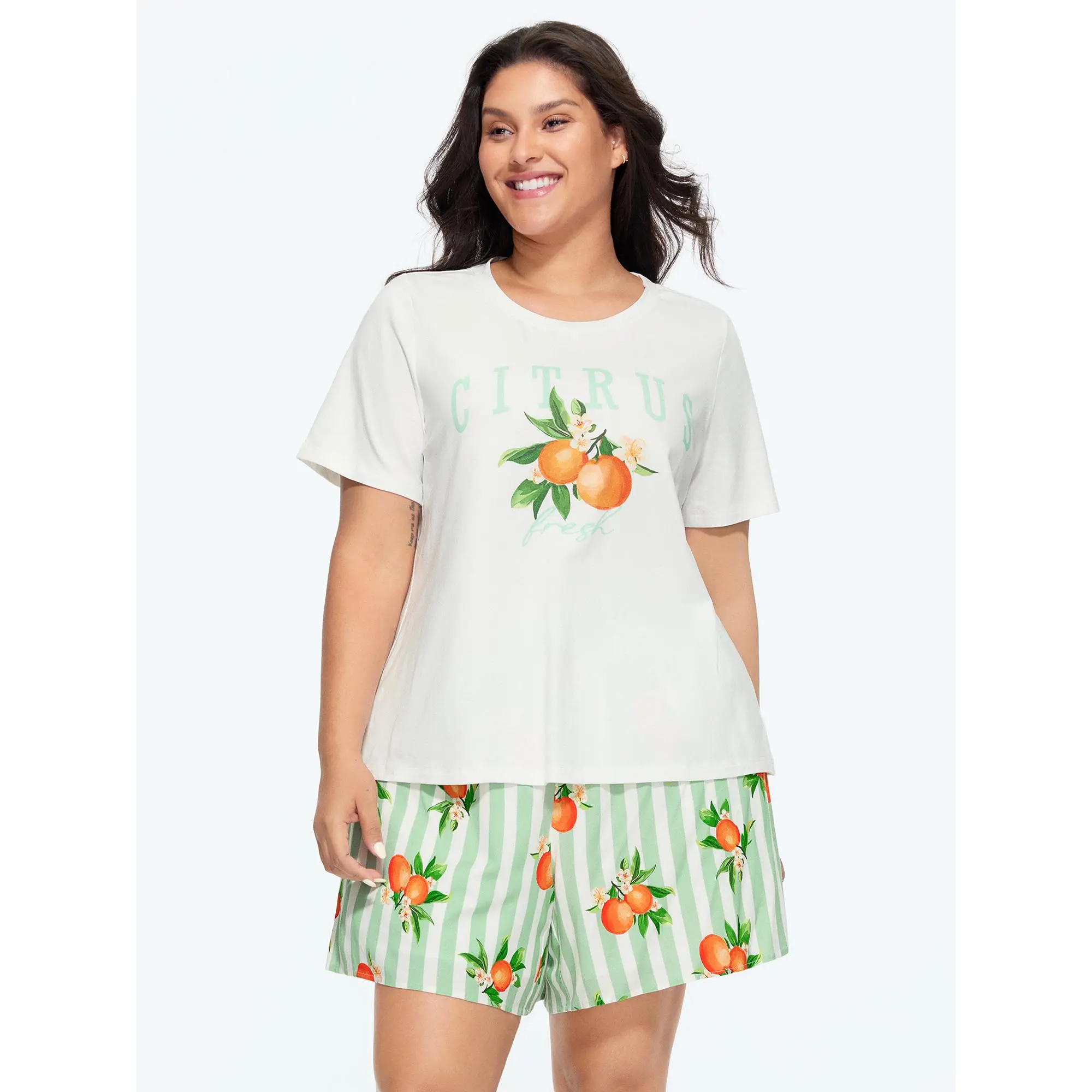BloomChic Women's Plus Size Citrus Print Smocked 2 Piece Pajama Set, Stretchy Cotton Blend Loungewear with Short Sleeve Top and Pocketed Shorts, 2 Piece Sets, Plus Size 2 Piece Sets