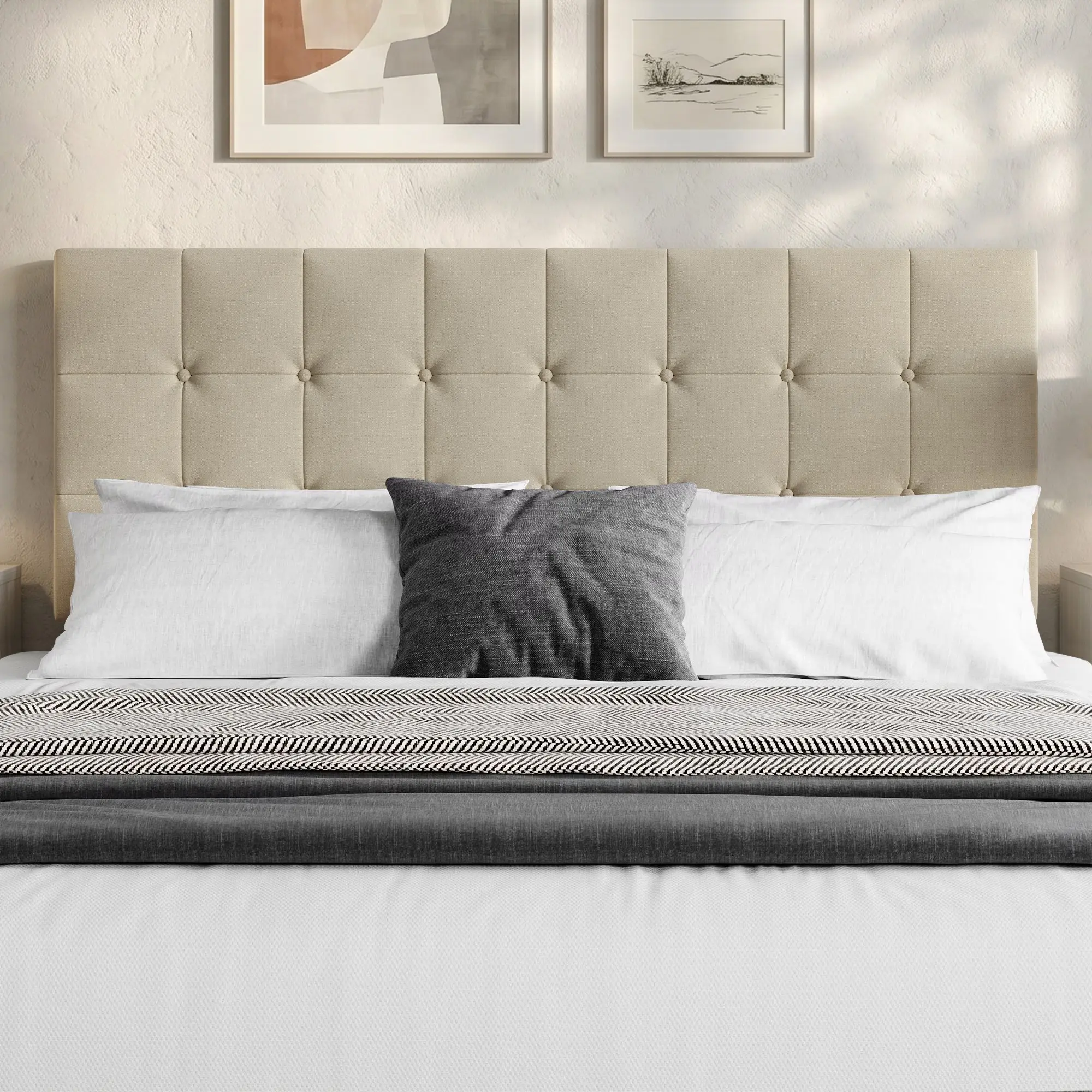 Favorer Ecorse Multi-Size Tufted Upholstered Headboard for Bed - Polyester Wood Build, Tufted Buttons, Foam Padding, Beige, Easy Assembly, Custom Upholstery Headboards
