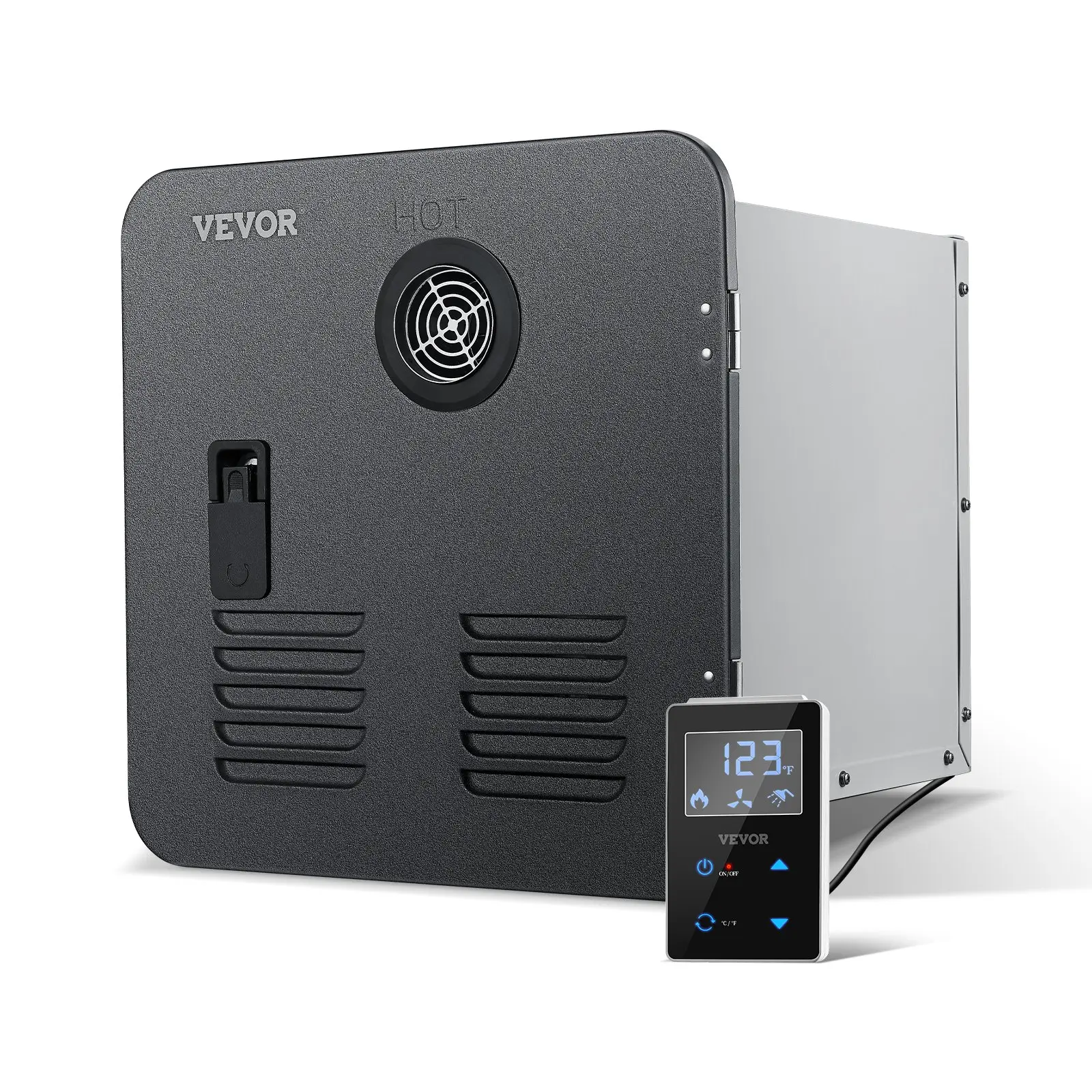 【Summerfinds】VEVOR 12V DC Powered Instant Tankless Hot Water Heater for RVers & RVers' Family, 55000BTU Black Door Unit (380x380x358 mm/15x15x14 in), CSA Certified, NPT Connectors, Segmented Burner, Remote & Touch Controls, 11.7 kg, All-Season Use, Black/