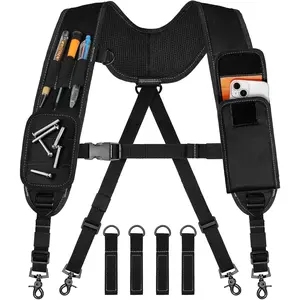Tool Belt Suspenders, Tool Bag Suspenders, Work Belt with Wristband and Loop, Padded Construction for Carpenter, Electrician, Framer, Black