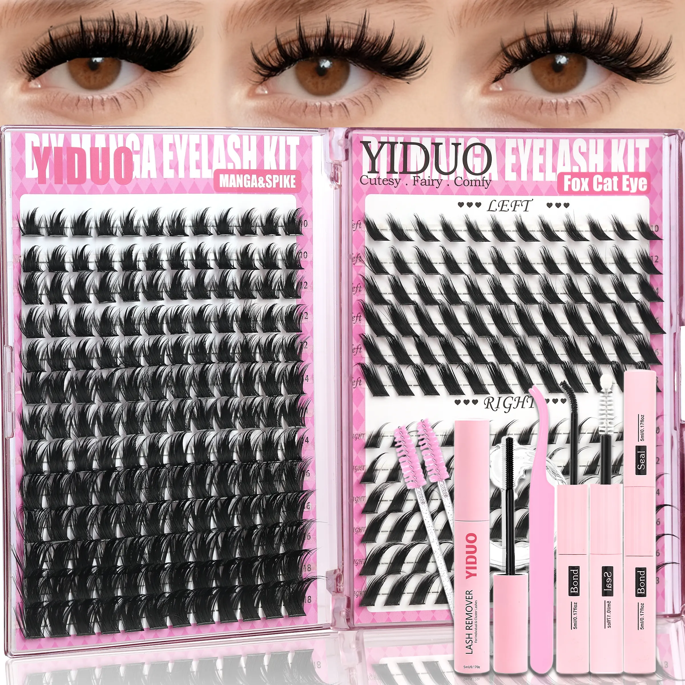 300 Pcs Eyelash Cluster Kit Cat Eye/Manga Lash Clusters Kit 10-18mm Natural C-Curly Curling Lashes False Eyelash Extensions Kit with Lash Bond and Seal Tweezers Remover  Eyelash Brush DIY at Home Easily Eyelash Set