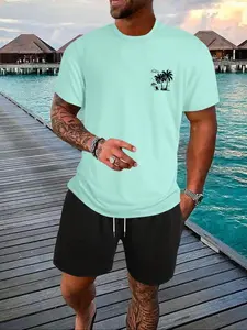 Men's Beach Shorts Set, Coconut Tree Print Short Sleeve T-Shirt, Casual Pattern Drawstring Shorts + T-Shirt Set, Perfect for Beach Pool Outdoor