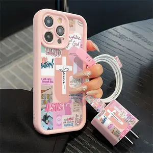 Cross Design iPhone Case Set, Includes Charger Cover & Cable Protectors, Fits iPhone 11-16 Series, Stylish High-End Protection Accessories, Protective