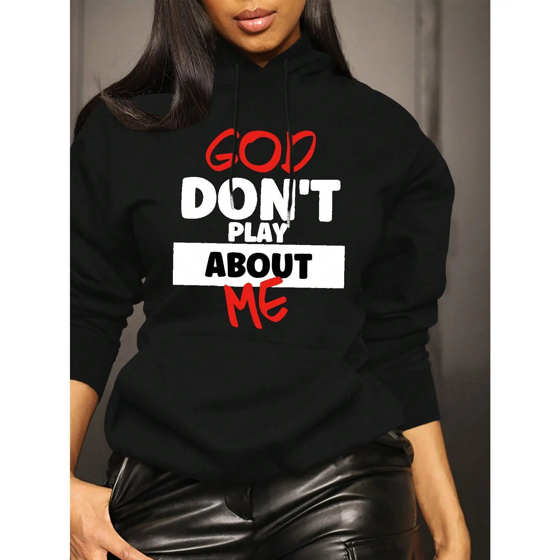 Women's Oversized Long-Sleeve "God Don't Play About Me" Slogan Hooded Sweatshirt - Black Casual Plus Size Athletic Clothes, Foldable Pocket Print Soft Fabric Top for Graduation Outfits (Ideal for Teachers)