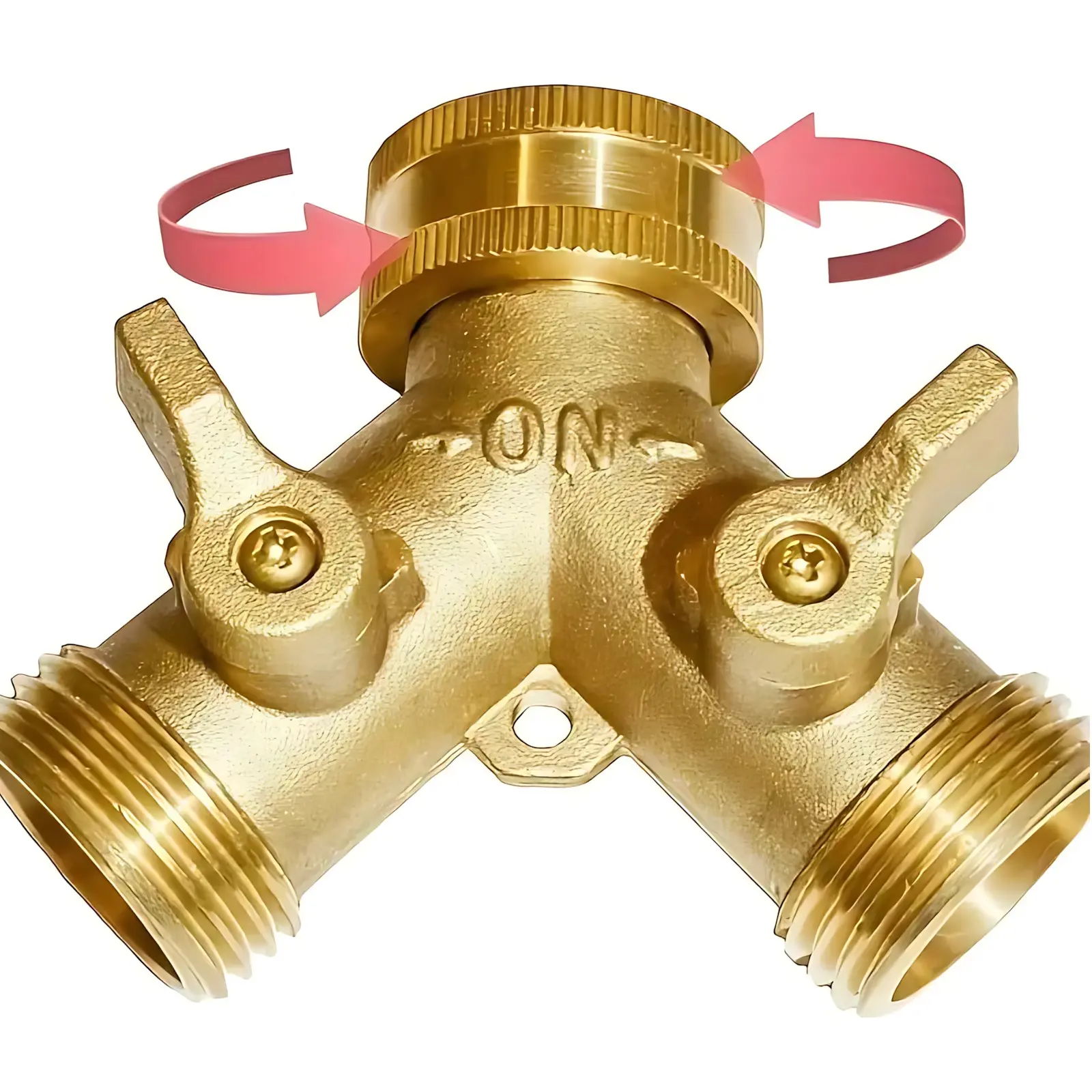 High-flow Y-valve brass garden hose splitter with dual outlets, suitable for lawn maintenance, RV use, and outdoor watering tasks