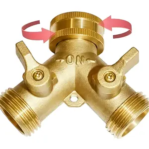 High-flow Y-valve brass garden hose splitter with dual outlets, suitable for lawn maintenance, RV use, and outdoor watering tasks