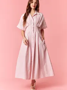 Seersucker Striped Tuck-Pleated Waist with Bow Tie Detailed Dolman Sleeve Shirt Midi Dress