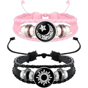 Bohemian Bracelets - Cosmic Theme Braided Cord Adjustable Bangles, Sun and Moon Boho Style, Black and Pink 1-Pair Inspirational Jewelry for Couples (Anniversary Gift)