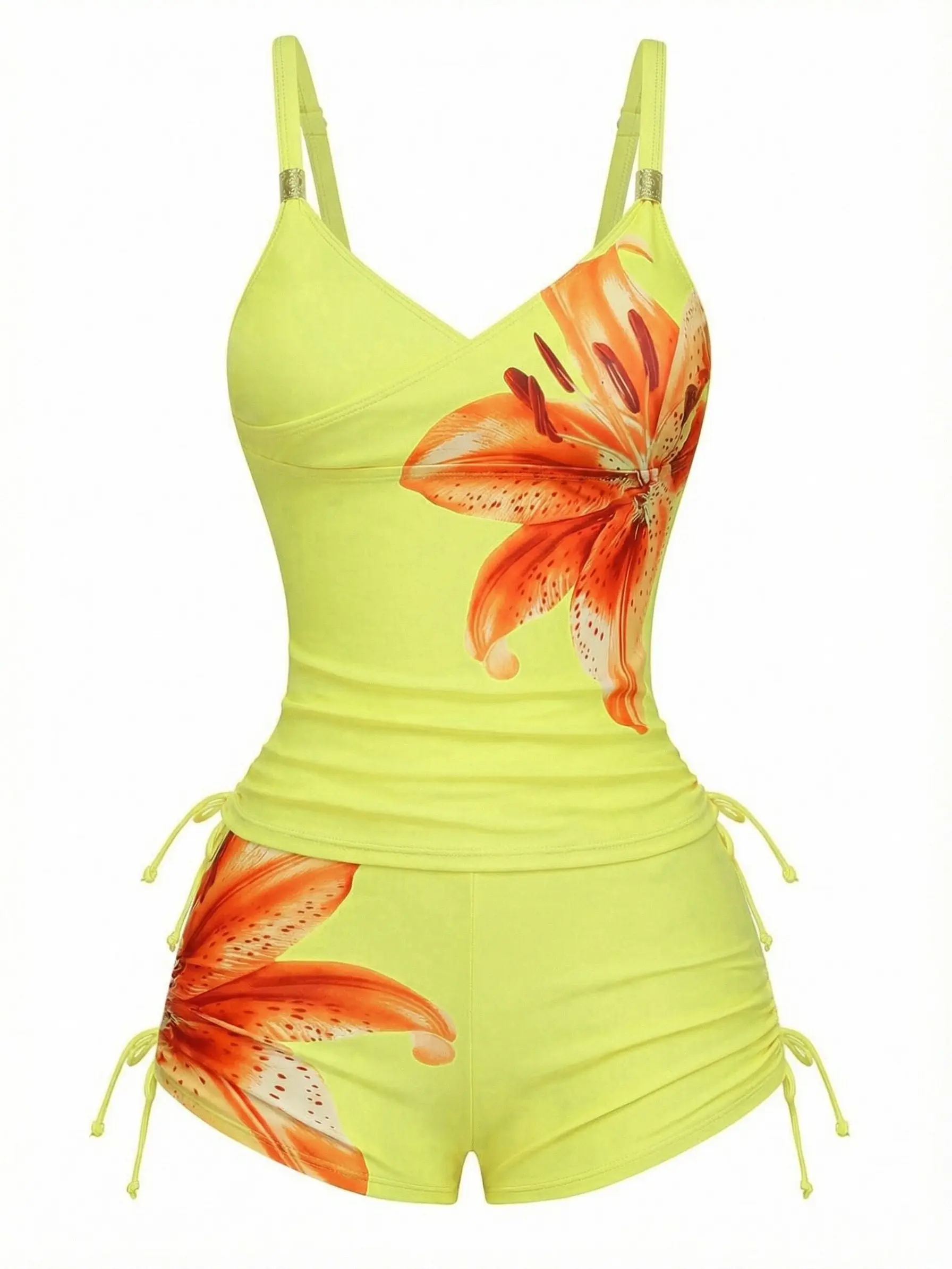 RETRO STAGE Women's 1950s Retro Floral Tankini Swimsuit, 2 Piece High Stretch Bathing Suit with High Waisted Lace-Up Shorts, Bathing Suits, Tankini Suit