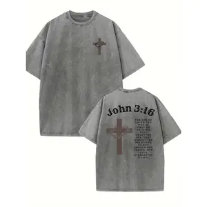 Men'S 250g Washed Cotton Pure Cotton T-shirt with Front and Back Printed Patterns - Loose, Trendy, Oversized Style in Retro Distressed Look, Versatile for Casual Wear