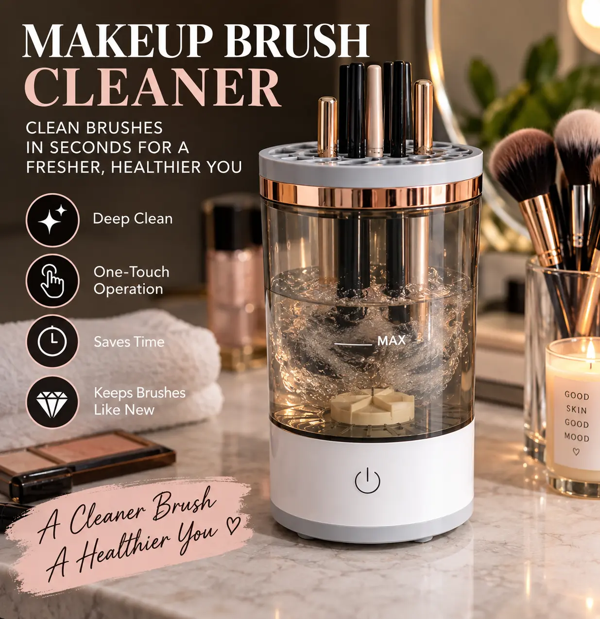 Electric Makeup Brush Cleaner & Washer – Automatic Cosmetic Brush Cleaning Machine with Rotating Deep Clean System