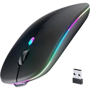 F-MUW07  Wireless Bluetooth Mouse, Rechargeable, LED, Silent, Ultra-thin Design (Bluetooth 5.2 and 2.4GHz USB Receiver) | Portable Computer Mouse for Laptops, iPads, MacBooks and Apple Devices (Black)
