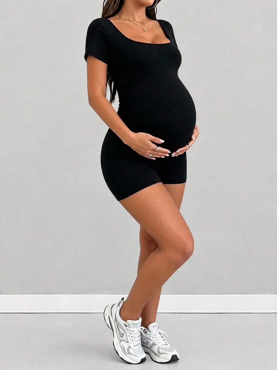 Pregnancy Jumpsuit Short Sleeve Tight Fit Casual Maternity One Piece Outfit