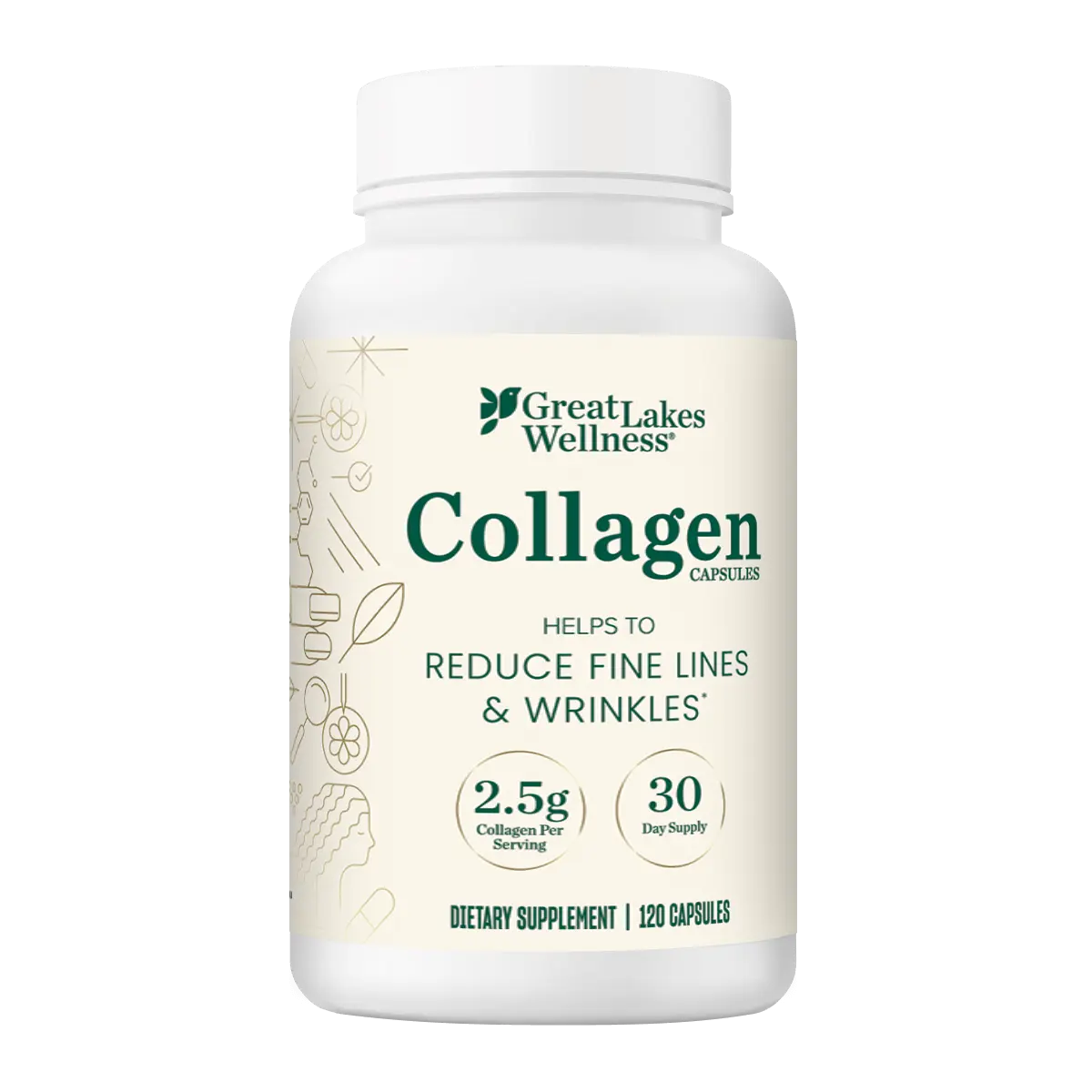 Great Lakes Wellness Collagen Capsules 2.5g VERISOL® Bovine Peptides for Skin Hair Nail Health 120 Capsules 30 Day Supply