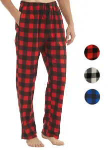 Men's Classic Plaid Print Fleece Warm Sleep Pants with Pockets Drawstring Waist Comfortable Skin-Friendly Casual Home Wear