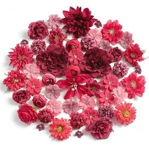 Artificial Flowers Heads Combo Red Flowers Mix Silk Flowers Heads Bulk Faux Rose for Craft Garland Graduation Cap Wedding Bridal Shower Home Party Decoration DIY Cake Decor