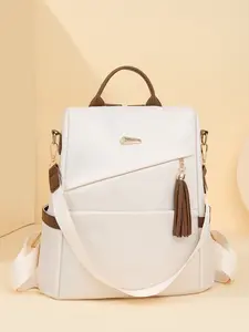 Elegant Women's Anti-Theft Lightweight Trendy Backpack  -, Chic White with Pink Accents, Large Capacity PU Bag with Adjustable Straps & Tassel Details, Travel & Daily Use, Black Friday Deal: Christmas/New Year Gift, Casual Lightweight Backpack