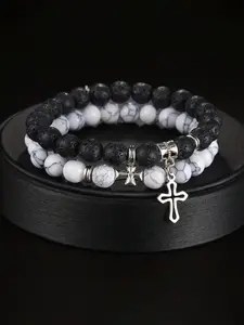 cross Black and white bead bracelet 2-piece set, it can be a tough accent on a boy's wrist, or a careful machine for girls to fold, suitable for daily commuting, casual wear, birthday gifts, dating and vacation