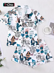 This 2-piece women's pajama set, Loungewear, Nightwear, features a butterfly floral print, a short-sleeved collared button-down soft top, and loose-fitting stretch shorts. It's an everyday outfit, perfect for holidays, parties