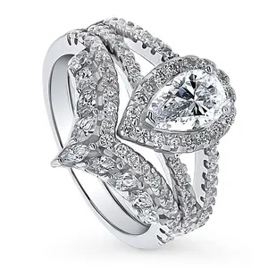 BERRICLE Sterling Silver Halo Wishbone Chevron Crown V Shaped Engagement Rings Statement Stackable Band Split Shank Ring Set for Women, Pear Cut Cubic Zirconia CZ