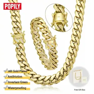 14K Gold-Plated 14mm Diamond Clasp Heavyweight Solid Men's Miami Cuban Chain Necklace Hip-Hop Jewelry Valentine's Day Gift