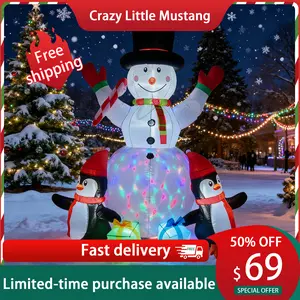 6ft Inflatable Santa Claus Decoration with 2 Penguins 2 Gift Boxes Multicolored Rotating Light Outdoor Christmas
