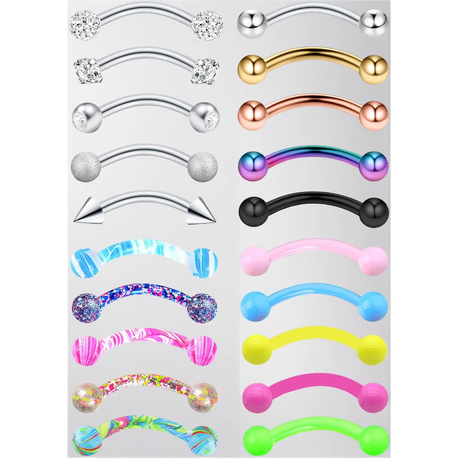 16G Implant-Grade Steel/Titanium Body Piercing Jewelry Assortment Kit (20-48 Pcs) - Curved Bars, Cartilage Piercing Jewelry for Eyebrow, Rook, Tragus, Lip Rings, 8-10mm Bars for Men & Women, Assorted Kit