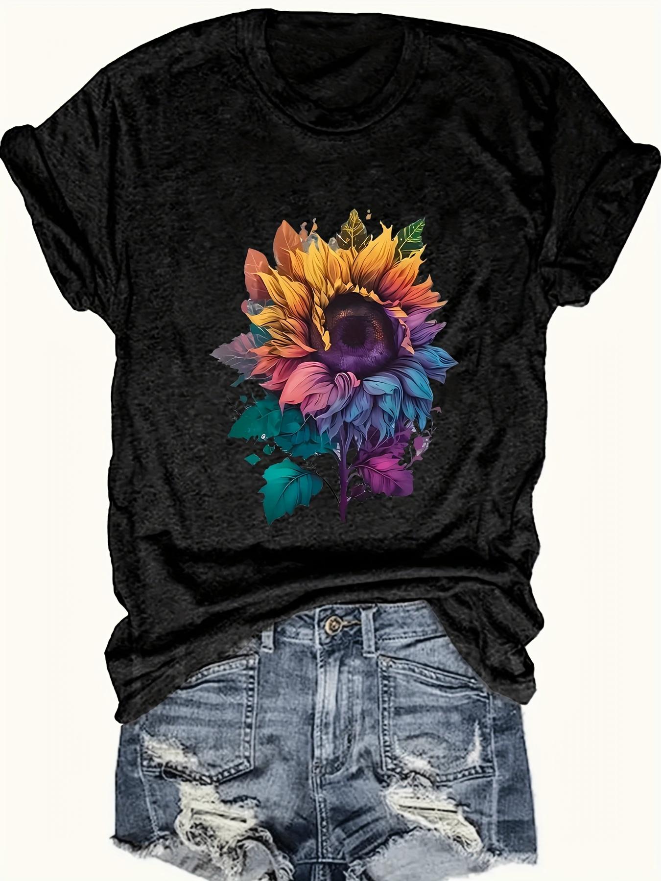 Sunflower Thanksgiving Animal & Letter Print T-Shirt, Casual Short Sleeve Top for Spring & Summer, Women's Clothing, Seasonal Clothing, Summer Outfit, Letter Graphic, Sunflower Design, Comfortable Fit, Soft Material, Printed Tshirt, Lightweight Shirt, Wom