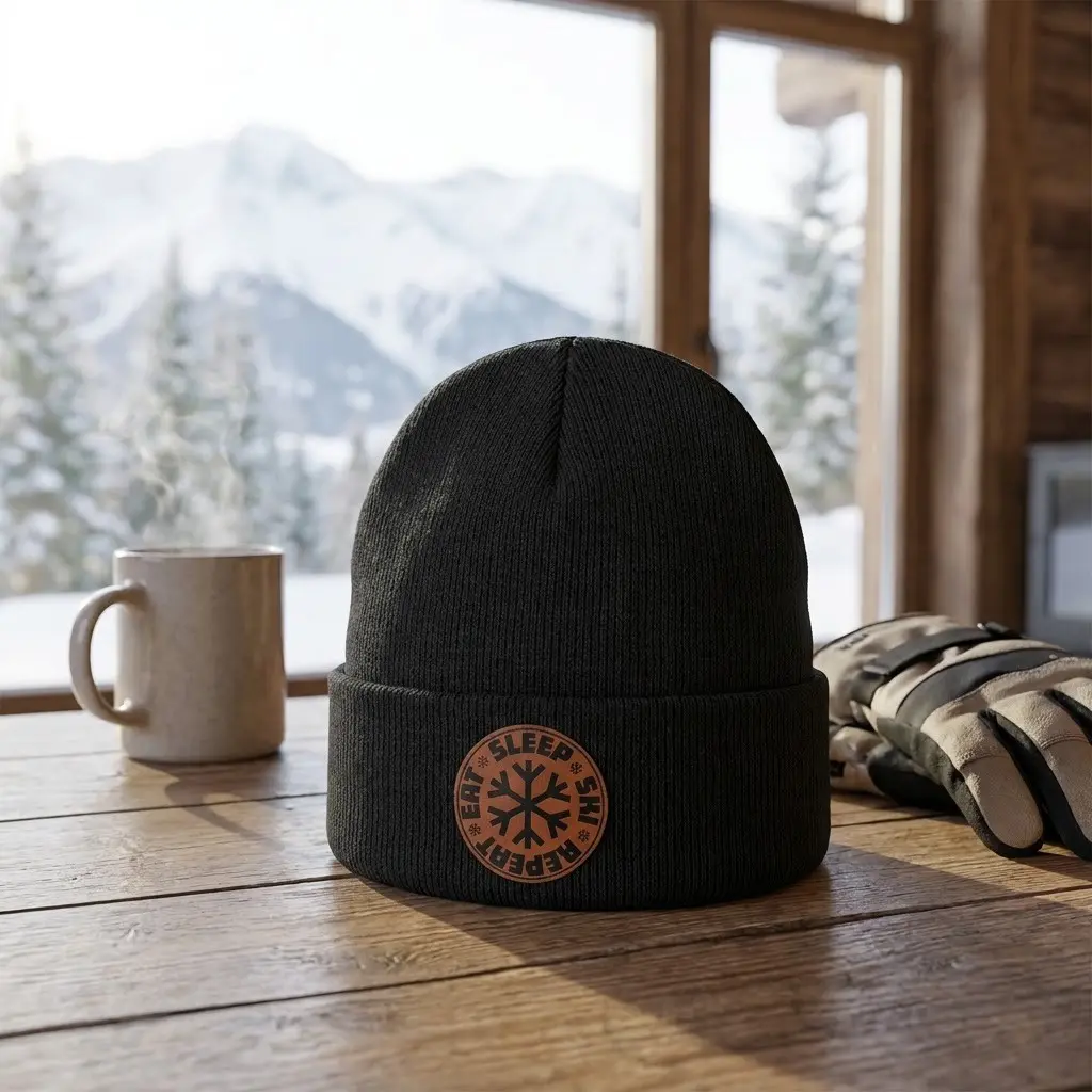 Premium Knit Beanie Hat with Leather Patch, Winter Warm Ribbed Skull Cap, "Eat Sleep Ski Repeat" Snowflake Leather Embossed Cuff Beanie for Men & Women, Outdoor Skiing Snowboarding Apparel, Unisex Outdoor Winter Sports Stocking Stuffer Gift