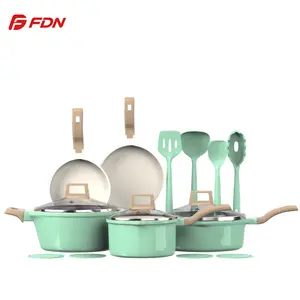 FDN 16-Piece Aesthetic Cookware Collection, Non-Toxic Ceramic Granite Pots and Pans, Toxin-Free Professional Cooking Set for Apartment, Induction Ready with 24cm Fry Pan Lid & Utensils Aluminium