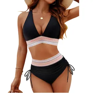 Women 2-pieces Stylish mom High Waisted Bikini Sets Tummy Control Swimsuits with Adjustable Wide Shoulder Straps Color Block  Drawstring Bathing Suit